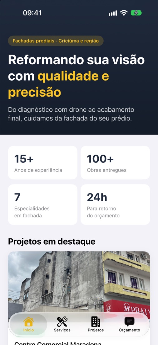 App iOS da Atus Reformas, tela inicial