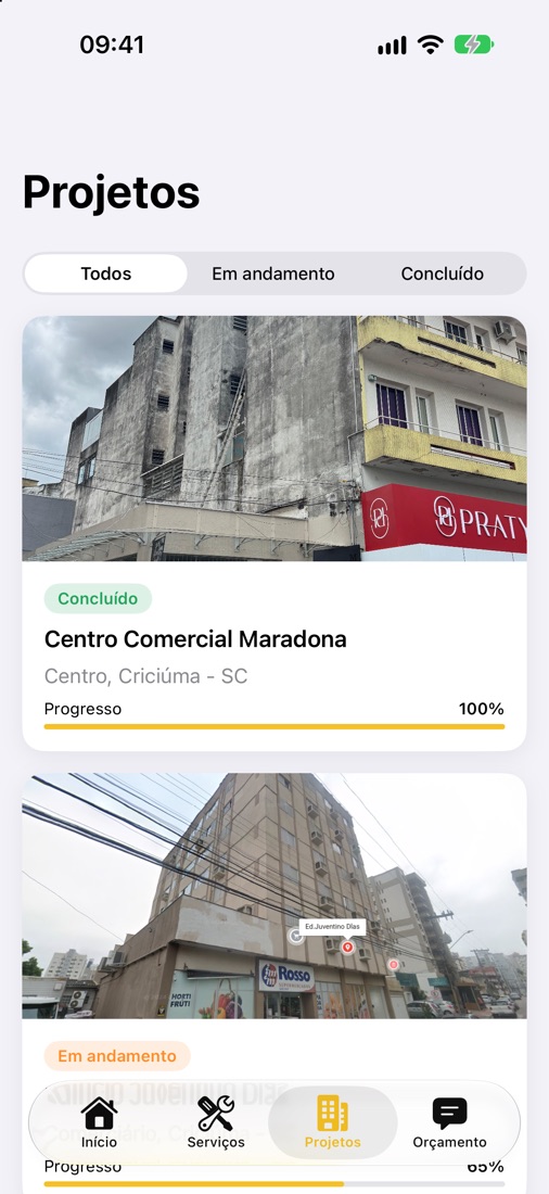 App iOS da Atus Reformas, lista de projetos